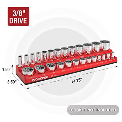 WORKPRO Magnetic Socket Organizer, 3/8-Inch SAE Socket Holder | Hold 26-Piece Sockets, Suitable for Standard and Deep Socket, Magnetic Base, No Scratches Installation, Sockets not Included - size: 3/8" DR - SAE