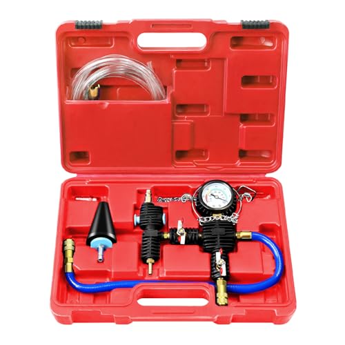 JIFETOR Cooling System Vacuum Purge Radiator Coolant Refill Tool Kit, Universal Automotive Water Tank Pneumatic Vacuum Antifreeze Change Filler Set, with Adapter Case Hose for Car Van SUV Truck - color: Red Case