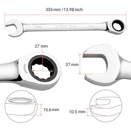 Jetech 27mm Ratchet Wrench, Ratcheting Combination Wrench Metric, Industrial Grade Gear Spanner with 12-Point Design, 72-Tooth Ratchet, Chrome Vanadium Steel - size: 27mm