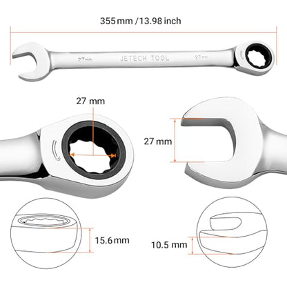 Jetech 27mm Ratchet Wrench, Ratcheting Combination Wrench Metric, Industrial Grade Gear Spanner with 12-Point Design, 72-Tooth Ratchet, Chrome Vanadium Steel - size: 27mm