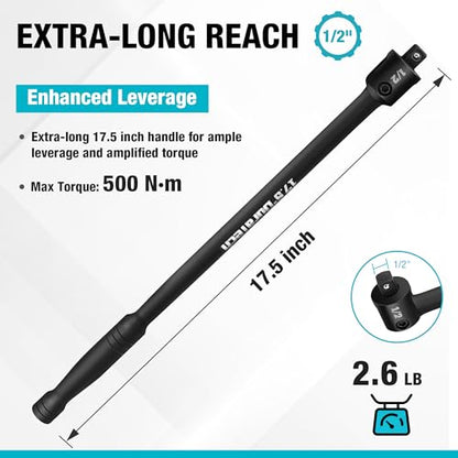 DURATECH Breaker Bar, 1/2'' Drive 17.5-Inch Breaker Bars Heavy Duty, with 240° Flex Head, Spring-loaded Detent Ball, CR-MO Head, Premium Black Phosphate Finish - color: Black, size: 17.5 in