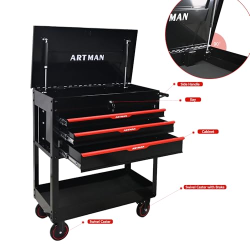 Rolling Tool Chest with Metal Top, 3-Drawer Tool Cart with Wheels, Black | Ball-Bearing Slides, Powder-Coated Finish, Side Tool Rack, Lockable, Locking Brakes, Ergonomic Push Handle - color: Black