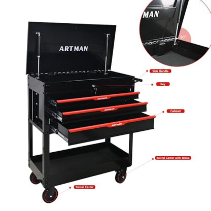 Rolling Tool Chest with Metal Top, 3-Drawer Tool Cart with Wheels, Black | Ball-Bearing Slides, Powder-Coated Finish, Side Tool Rack, Lockable, Locking Brakes, Ergonomic Push Handle - color: Black