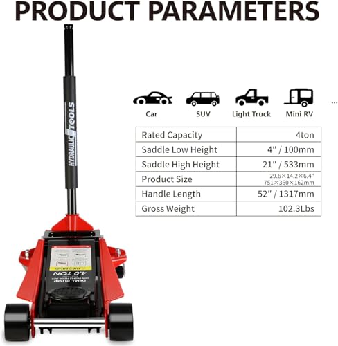 4 Ton Low Profile Floor Jack, Heavy Duty Floor Jack with Dual Pistons Quick Lift Pump, Steel Car Jacks Adjustable Height 4"-21", Hydraulic Trolley Floor Jacks 4 Ton/8000 LBS Capacity, Red - color: Red - 4 Ton(Dual Pump), Lift 4"-21"