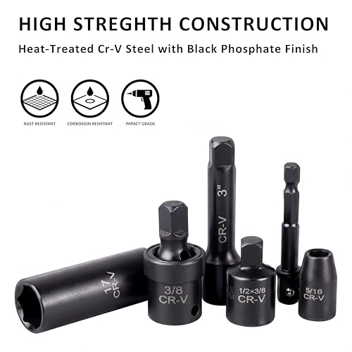 49PCS 3/8'' Drive Impact Socket Set, SAE 5/16”-3/4” & Metric 8-22mm, CR-V Steel Mechanics Tool Set with Universal Joint, Extension Bar, 1/2 to 3/8 Reducer, Hex Shank Socket Adapter, Ratchet Handle - size: 3/8" Impact Socket Set