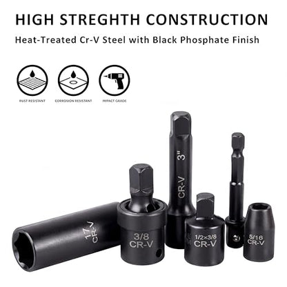 49PCS 3/8'' Drive Impact Socket Set, SAE 5/16”-3/4” & Metric 8-22mm, CR-V Steel Mechanics Tool Set with Universal Joint, Extension Bar, 1/2 to 3/8 Reducer, Hex Shank Socket Adapter, Ratchet Handle - size: 3/8" Impact Socket Set