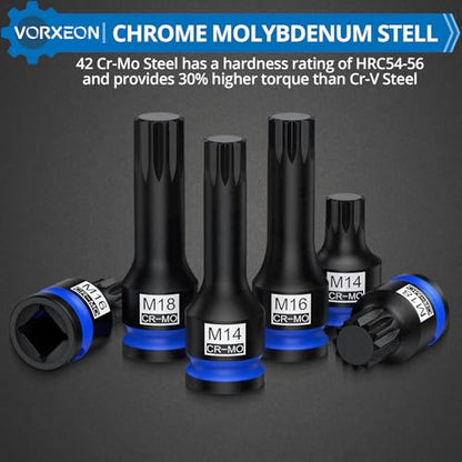 1/2" Drive Triple Square Spline Impact Bit Sockets Long and Short Combinations Set, 6 Pcs XZN Socket 42 Cr-Mo M14 M16 M18 With Storage Case - size: Triple Square 6Pcs