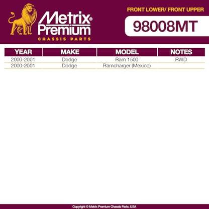 Metrix Premium Chassis Parts - 4 PC Front Upper & Front Lower Ball Joint Kit Fits 2000-2001 Dodge Ram 1500 RWD, 2000-2001 Dodge Ramcharger (Mexico), Replacement K7365, K7366, Made in Europe