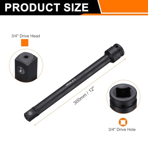 HARFINGTON Impact Socket Extension Bar 3/4" Square Drive 12" Long CR-V Steel Extension Rod Ratchet Wrench Driver Adapter for Axle Nut Sockets, Black - size: 3/4" Square Drive 12" Long