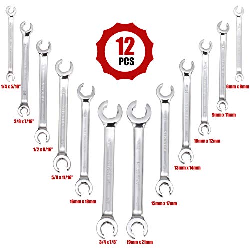 Flare Nut Wrench Set,12-Piece Chrome Vanadium Steel Line Wrench Set SAE & Metric 1/4"-7/8" and 6-21mm with Organizer Box