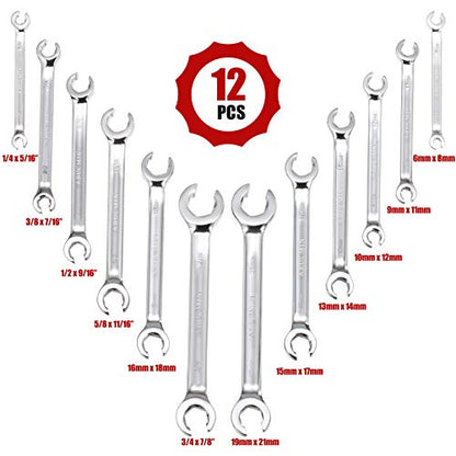 Flare Nut Wrench Set,12-Piece Chrome Vanadium Steel Line Wrench Set SAE & Metric 1/4"-7/8" and 6-21mm with Organizer Box