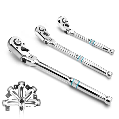DURATECH 3-Piece Flex-Head Drive Ratchet Handle, 1/4", 3/8", 1/2" 90-Tooth Quick-Release Ratchet Wrench with 180° Pivoting Head & 7-Position Setting, Reversible, CR-V Made, Full Polished,Gifts for Men - size: Combo Kit(Polished)