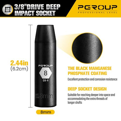 3/8” Drive Deep Impact Socket, Metric(8mm socket), 6-Point, Cr-V Steel With Black Manganese Phosphate Coating - size: 8 mm