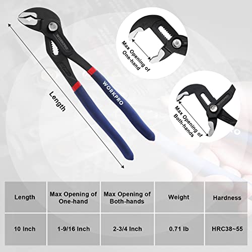 WORKPRO 10-Inch Groove Joint Pliers, Fast-Adjust Tongue and Groove Pliers | CR-V Water Pump Pliers with V-Jaw Design & Comfort Grips for Plumbing, Auto & Home Repair - size: 10-Inch