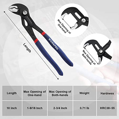 WORKPRO 10-Inch Groove Joint Pliers, Fast-Adjust Tongue and Groove Pliers | CR-V Water Pump Pliers with V-Jaw Design & Comfort Grips for Plumbing, Auto & Home Repair - size: 10-Inch