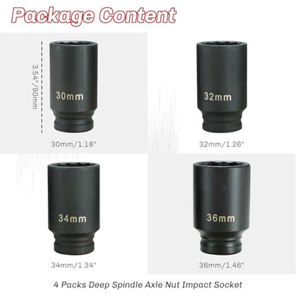 1/2-Inch Drive Impact Socket Set 4PCS 30mm 32mm 34mm 36mm | Heavy-Duty Deep Spindle Axle Nut Socket Set, CR-MO, Metric 12 Point, Professional Axle Nut Removal and Installation Kit