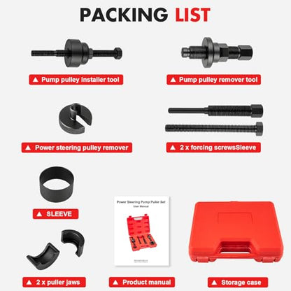 Pulley Puller Installer Kit, Power Steering Pump Pulley Removal Tool for Multi-Vehicle, Fits F/or/d, G/M, V/W and Ch/RYS/ler, Works with Steering Wheel Puller Kit for Power Steering Tasks