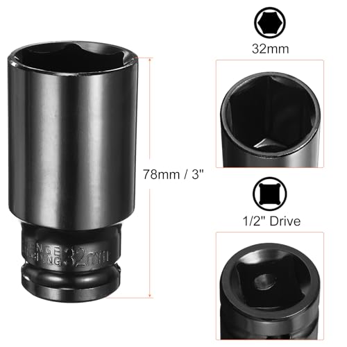 HARFINGTON Deep 6-Point Impact Socket 1/2" Drive 32mm Metric Socket 3" Length with 1/4" Hex Shank Adapter, CR-V Steel Socket Adapter Accessory Tool Set Kit for Hex Bolts Nuts - size: 32mm