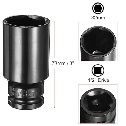 HARFINGTON Deep 6-Point Impact Socket 1/2" Drive 32mm Metric Socket 3" Length with 1/4" Hex Shank Adapter, CR-V Steel Socket Adapter Accessory Tool Set Kit for Hex Bolts Nuts - size: 32mm