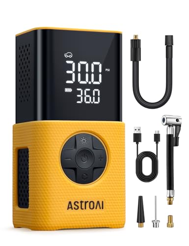 AstroAI L7S Tire Inflator Portable Air Compressor Cordless with Digital Pressure Gauge, 150 PSI LED Light Bike Air Pump with Fast Inflation & Auto Shut-Off for Car Tires,Motorcycles,Bikes,Balls,Yellow - color: Yellow