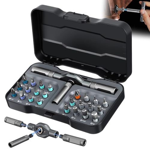 24-in-1 Magnetic Ratchet Screwdriver Set, Professional Multi-Bit Repair Kit with Detachable T-Handle & Portable Case for Electronics, Furniture, Bikes, iPhone & Car Maintenance