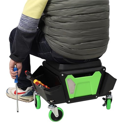 Anwick Mechanic Stool Seat Chair with Wheels, Heavy Duty Rolling Garage Stool with Soft Rubber Cushion Seating and Drawer, 330 LBS Capacity, Rolling Tool Seat for Shop, Auto Repair (Green+Black) - color: Green+black