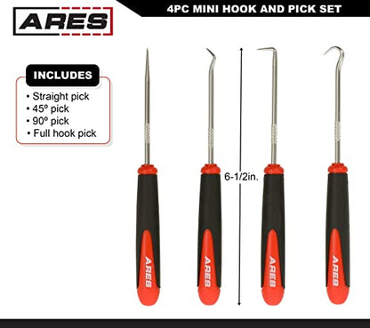 ARES 10034 Mini Hook and Pick Set, 4-Piece, Hardened Steel | Includes angled, straight, and full hooks and picks; hardened steel shafts - size: 4-Piece Mini Hook/Pick Set