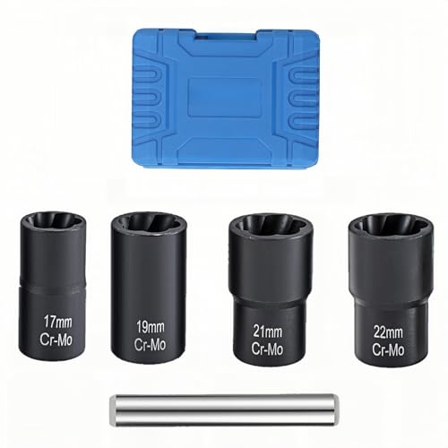 5PCS Lug Nut Removal Tool, 17/19/21/22MM Impact Bolt Extractor Set, CR-MO Steel Wheel Lock Removal Kit for Damaged/Rusted Nuts, Compatible with 1/2" Drive Impact Wrench