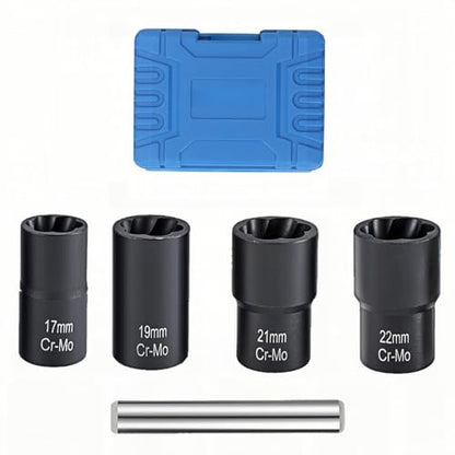 5PCS Lug Nut Removal Tool, 17/19/21/22MM Impact Bolt Extractor Set, CR-MO Steel Wheel Lock Removal Kit for Damaged/Rusted Nuts, Compatible with 1/2" Drive Impact Wrench