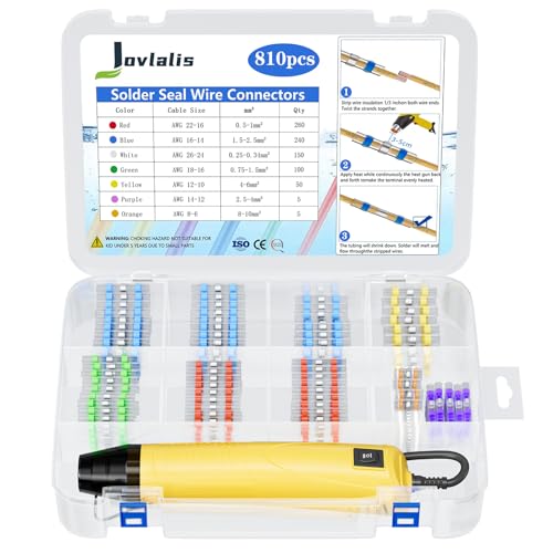 810 PCS Solder Seal Wire Connectors with Heat Gun, Self Soldering Heat Shrink Butt Connector, Waterproof Insulated Electrical Terminals Ideal for Marine, Automotive, Boat, and Truck Wiring