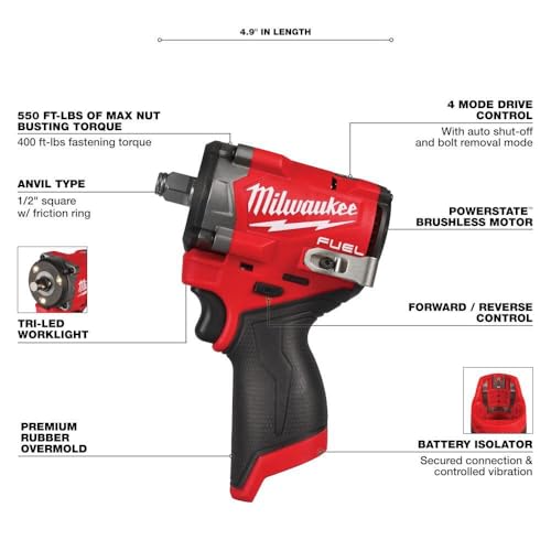 Milwaukee M12 FUEL Stubby 1/2 Inch Impact Wrench (Bare Tool)