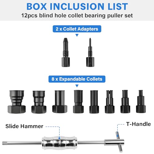 12pcs Blind Hole Collet Bearing Puller Set with Slide Hammer and Expandable Collets 8-32mm, Pilot Bearing Removal Tool for Internal, Wheel Bearings in Automotive and Motorcycle Use