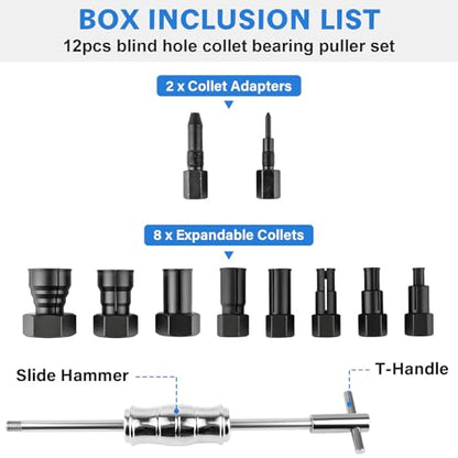 12pcs Blind Hole Collet Bearing Puller Set with Slide Hammer and Expandable Collets 8-32mm, Pilot Bearing Removal Tool for Internal, Wheel Bearings in Automotive and Motorcycle Use