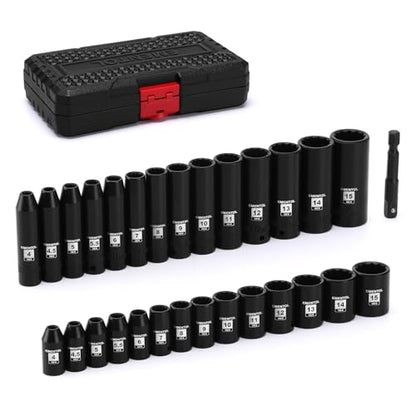 EMENTOL 1/4" Drive Impact Socket Set, 29 Pieces Deep & Shallow Socket Set, Metric 4-15mm, 12 Point CR-V, Includes Drill Bit Adapter - size: 1/4" Drive (4-15mm)