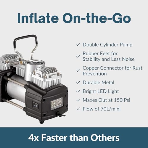 Asani 12V Air Compressor - Portable & Compact Tire Pump, 150 PSI Heavy-Duty Double Cylinder Tire Inflator with LED Flashlight, Ideal for SUVs, Off-Road, Trailer, Truck, Bike, Air Bed