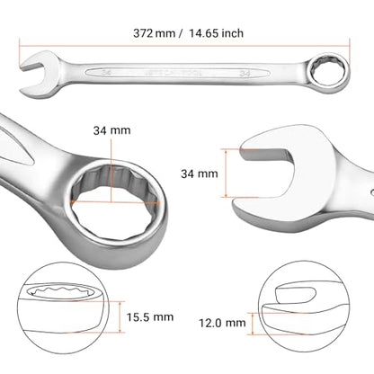 Jetech 34mm Combination Wrench, Metric 12-Point Chrome Vanadium Steel Spanner, Industrial Grade with 15-Degree Offset, Fully Polished Finish, Heat-Treated Forged Tool - size: 34mm