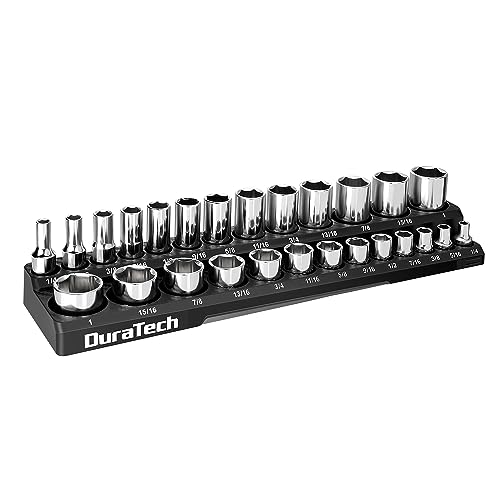DURATECH Magnetic Socket Organizer Set, 3/8" SAE Socket Holders | Socket Trays, Tool Box, Tool Cart Organizer, Standard & Deep Sockets Organizer, Carbon Fiber, Prevent Scratching, 26-holder - size: 3/8" DR, SAE