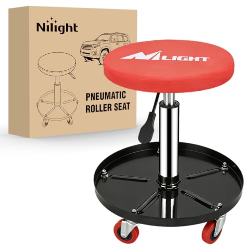 Nilight Rolling Mechanic Stool 330LBS Pneumatic Adjustable Swivel PU Seat | 360° Swivel Casters Steel Tool Tray Waterproof Seat for Garage Auto Repair Shop Workshop Warehouse Heavy Duty Workbench Stool - color: Black Red 330lbs
