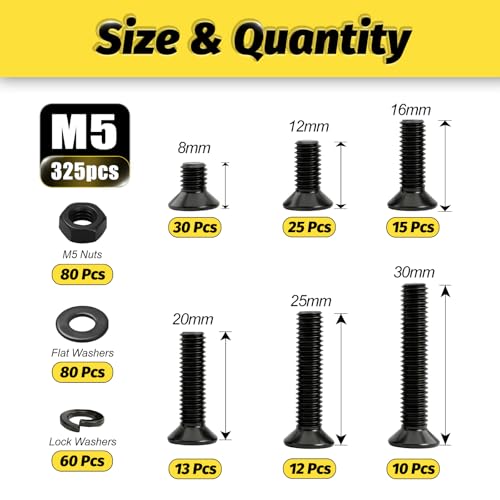 KADRICK 325Pcs M5 Countersunk Screws,M5 Flat Head Screws,Phillips Bolts Nuts Washers Assortment Kit,Zinc Plated,Lenth of 8MM-30MM - size: M5 325Pcs 8-30mm