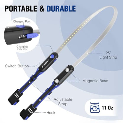 WORKPRO Rechargeable Underhood Work Light, 25inch Long Foldable LED Work Light Bar, 3 Lighting Modes with Adjustable Straps and Hooks, Magnetic Light for Car Repairing/Garage/Workshop/Emergency