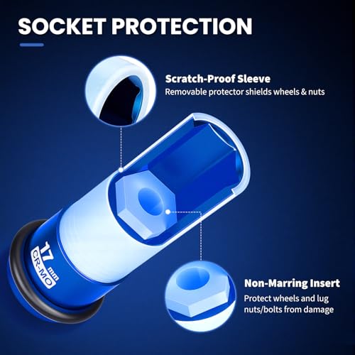 1/2 Drive Lug Nut Socket Set, 3PCS Metric 17mm 19mm 21mm Impact Socket with Removable Protect Sleeves And Bracket, Cr-Mo Steel, 6 Point, Non-Marring Deep Thin Wall Wheel Lug Nuts Socket - color: 3pcs-17mm 19mm 21mm