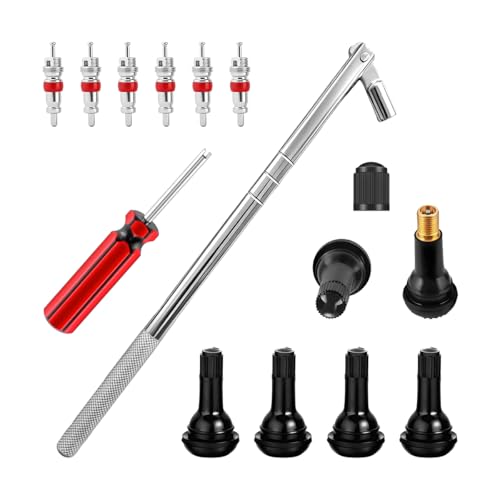 14PCS Car Tire Valve Stem & Core Removal Kit, Including 6PCS TR412 Snap-in Valve Stem and Core with 1 Single Head Remover Installer Tool, Auto Tyre Accessories, Universal for Vehicle