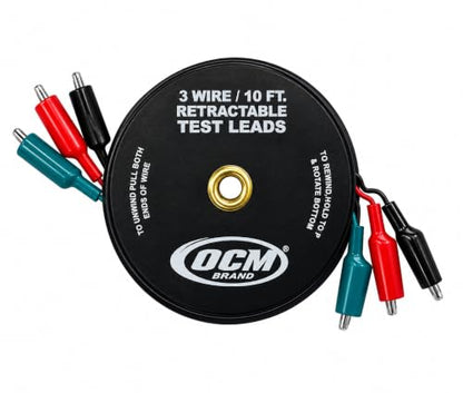 OCM - 3 Wire Retracteable Test Leads - 18 Gauge Electrical Copper Wire, Alligator Clips, Impact Resistant Case