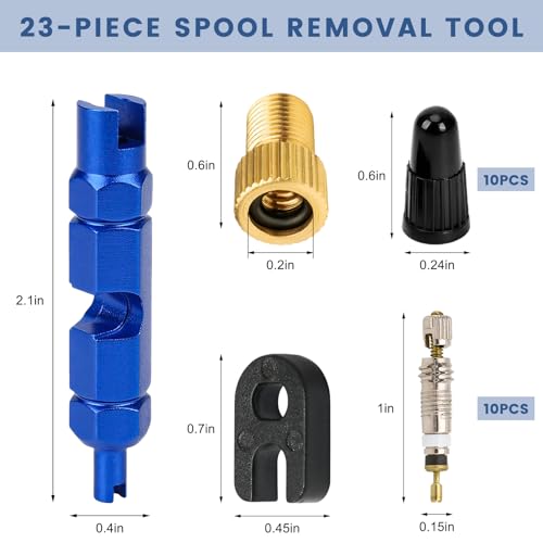 23 PCS Presta Valve Core Repair Kit, Tubeless Auto Tire Stem Cores with Caps Adapter Removal Tool, French Tire Valve Cores Caps Remover Set for Tubeless Road MTB Bike Tires