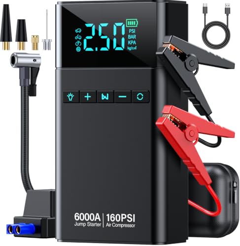 Car Battery Jump Starter with Air Compressor 6000A 160PSI, Car Jumper Starter Portable (All Gas/12L Diesel), 12V Jump Box Car Battery with Auto-Shutoff Tire Inflator, Jumper Cables and Light - color: Glossy Black