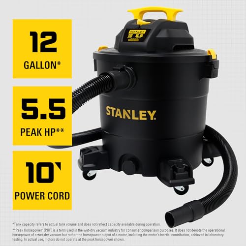 STANLEY 12 Gallon 5.5HP Wet/Dry Vacuum,3-in-1 Vacuum Blower & Pump, Heavy-Duty for Wet/Dry Messes, Dust & Water, Ideal for Garage Jobsite Home, SL18199P - color: Sl18199p-1