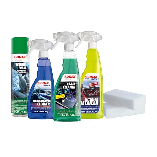 SONAX Premium Auto Interior Kit | 5-Piece Complete Interior Cleaning Set | Dashboard Cleaner, Leather Foam, Upholstery & Carpet Cleaner, Glass Cleaner & Dirt Eraser | Professional Car Detailing Kit