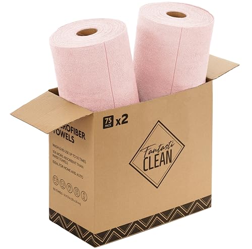 Fantasticlean Microfiber Cleaning Cloth Rolls- 150 Sheets (2 Rolls of Pink) | 12'' by 12'', Super Absorbent, Lint-free, Tear-away Microfiber Towel Roll, for All-Purpose Cleaning - color: Pink, size: 150 pack