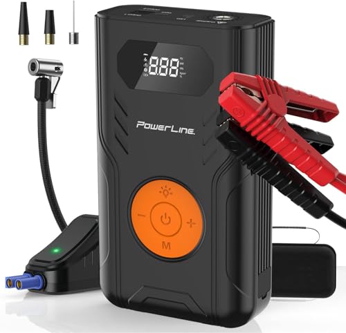 PowerLine Car Battery Jump Starter with Air Compressor - 4-in-1 Pump & Jump 1200A Car Battery Jumper with Tire Inflator, 3 USB Charging Ports & LED Light - Up to 5.2L Gas & 3.5L Diesel Trucks, 120 PSI