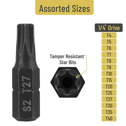 Bates Torx Bit Set, 15 Pieces T4-T40, Tamper Proof Security Star Bits, 1/4 Hex Screwdriver Set - size: 15 pcs, T4-T40, style: Torx Bit Set